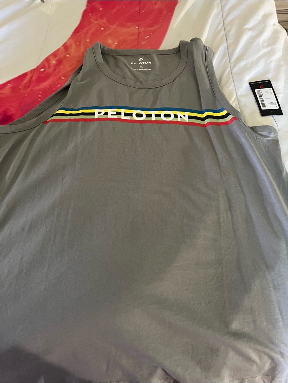 Peloton Gray Tank with Red, Yellow, Blue and Black Stripe